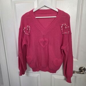 Pink Heart Embellished Sweater